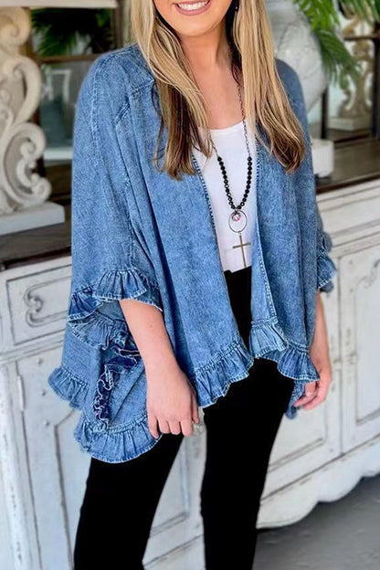 Casual Solid Flounce Cardigan Collar Nine Points Sleeve Loose Denim Jacket Blue