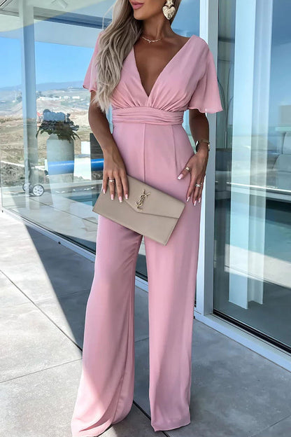 Casual Elegant Solid Solid Color V Neck Regular Jumpsuits(4 Colors) Pink