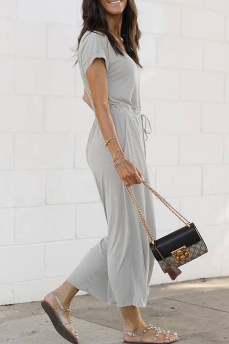 Casual Daily Solid Pocket Frenulum V Neck Jumpsuits Light Gray