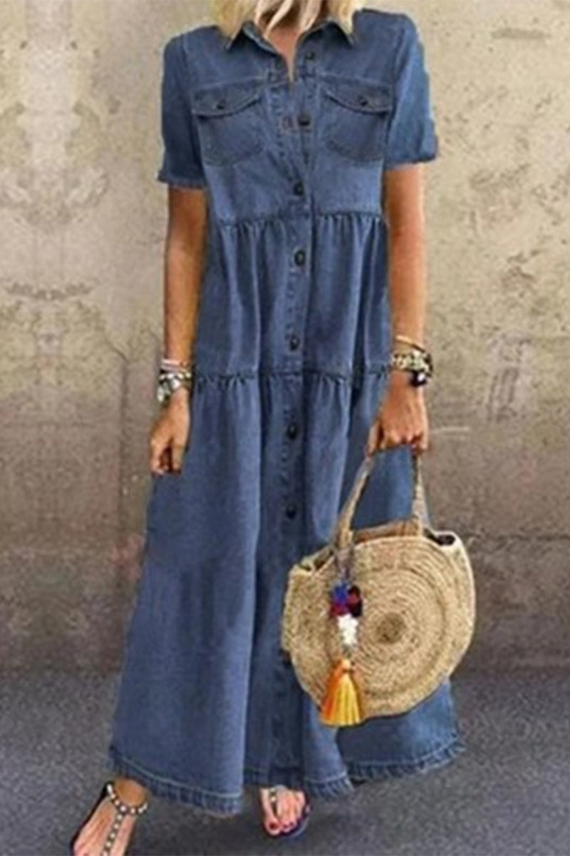 Casual Solid Make Old Turndown Collar Short Sleeve High Waist Regular Denim Dresses Deep Blue