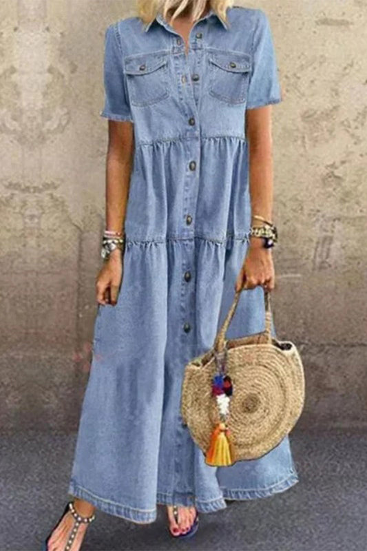 Casual Solid Make Old Turndown Collar Short Sleeve High Waist Regular Denim Dresses Light Blue