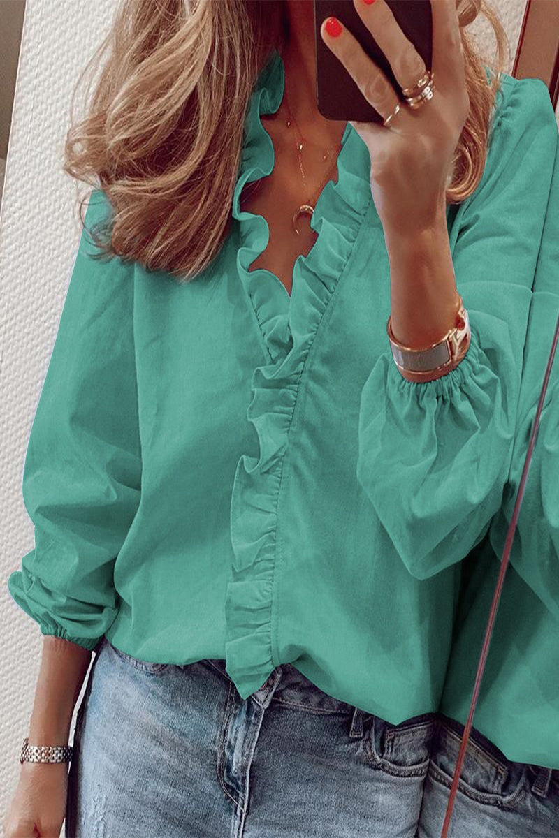 Casual Solid Flounce V Neck Blouses(9 Colors) Green