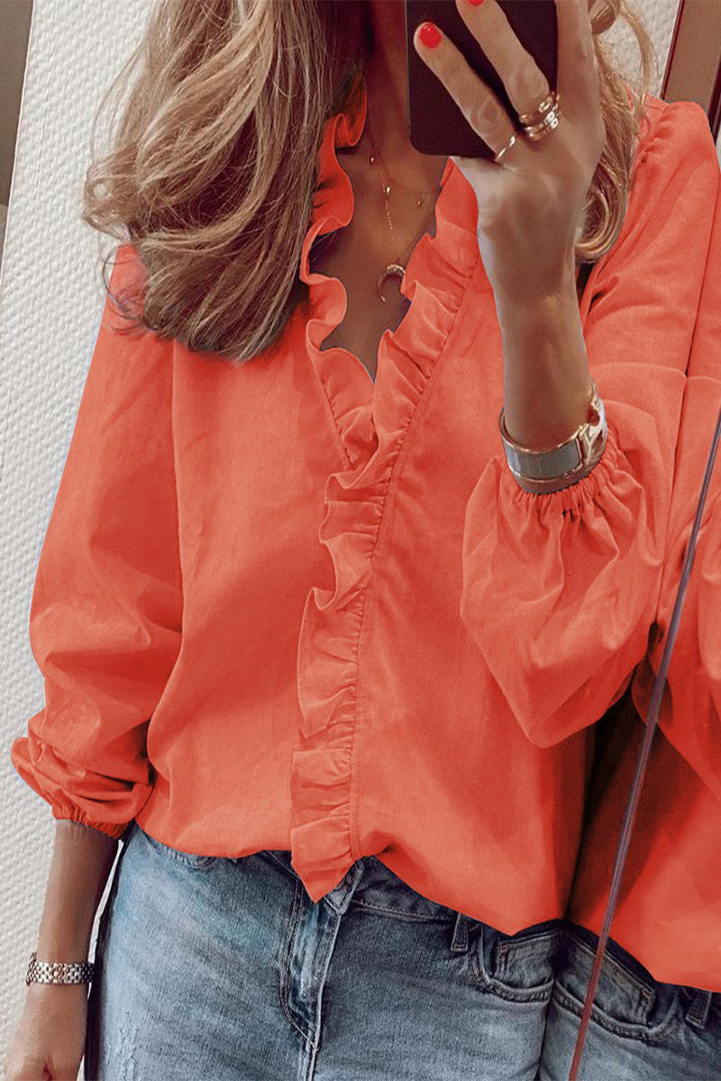 Casual Solid Flounce V Neck Blouses(9 Colors) Orange