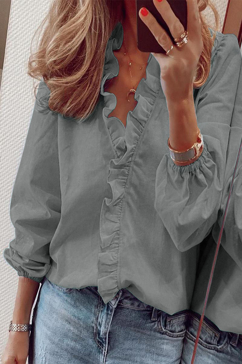 Casual Solid Flounce V Neck Blouses(9 Colors) Grey