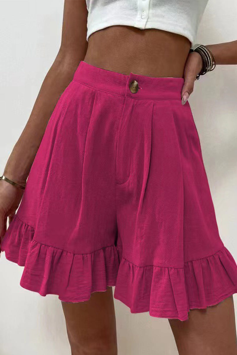 Casual Solid Flounce Loose High Waist Wide Leg Solid Color Bottoms Rose Red