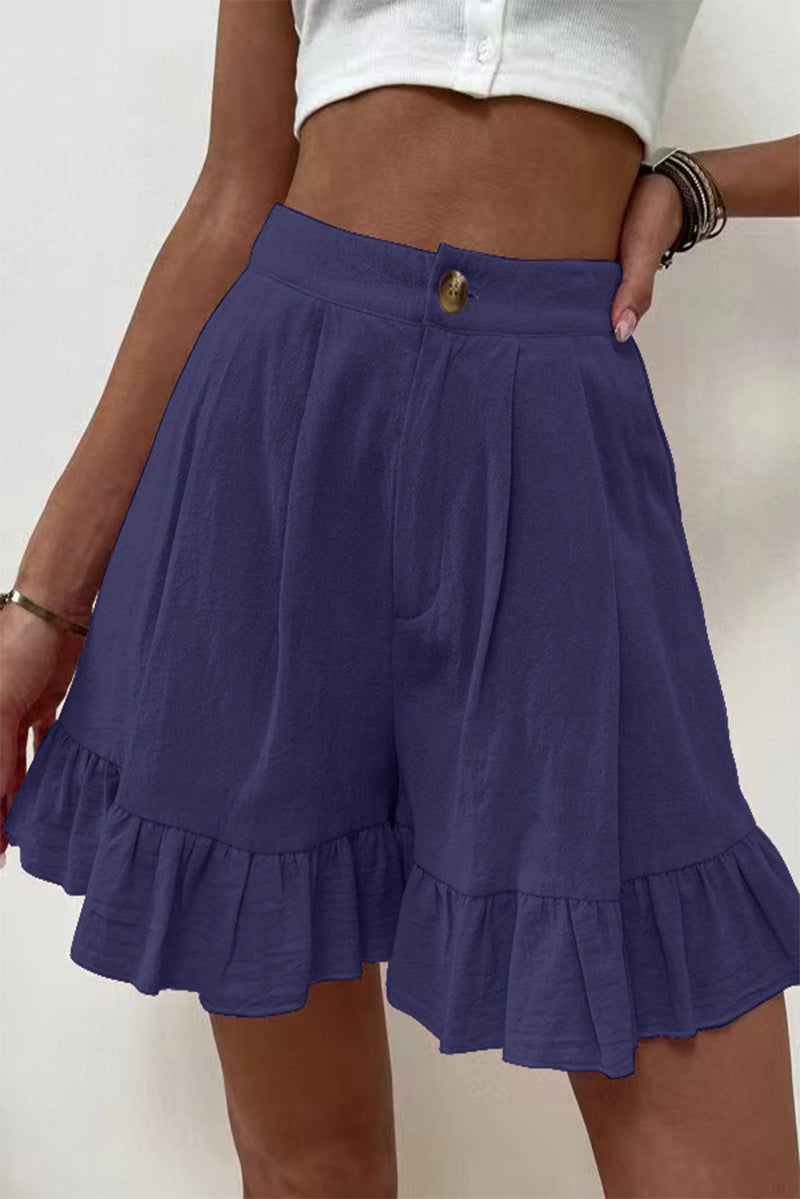 Casual Solid Flounce Loose High Waist Wide Leg Solid Color Bottoms Tibetan Blue