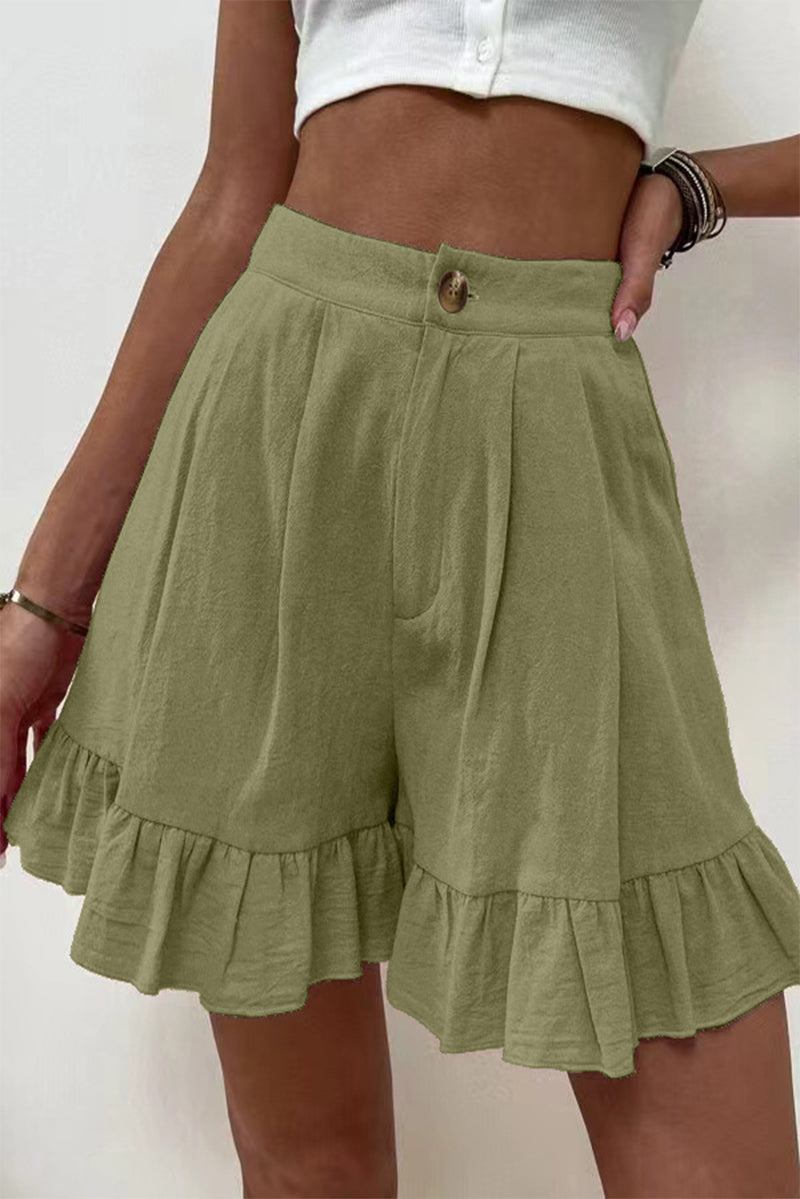 Casual Solid Flounce Loose High Waist Wide Leg Solid Color Bottoms Army Green