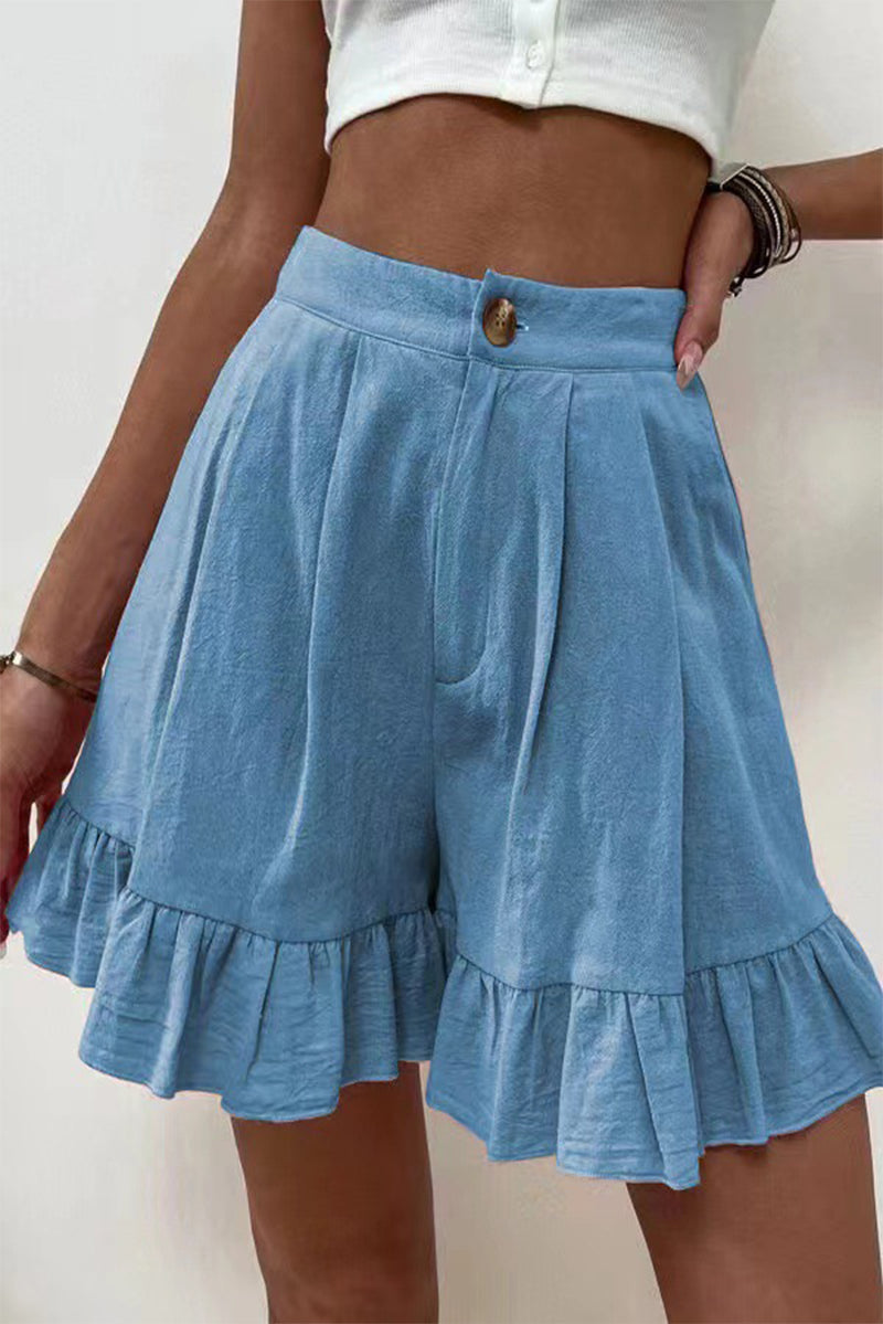 Casual Solid Flounce Loose High Waist Wide Leg Solid Color Bottoms Sky Blue