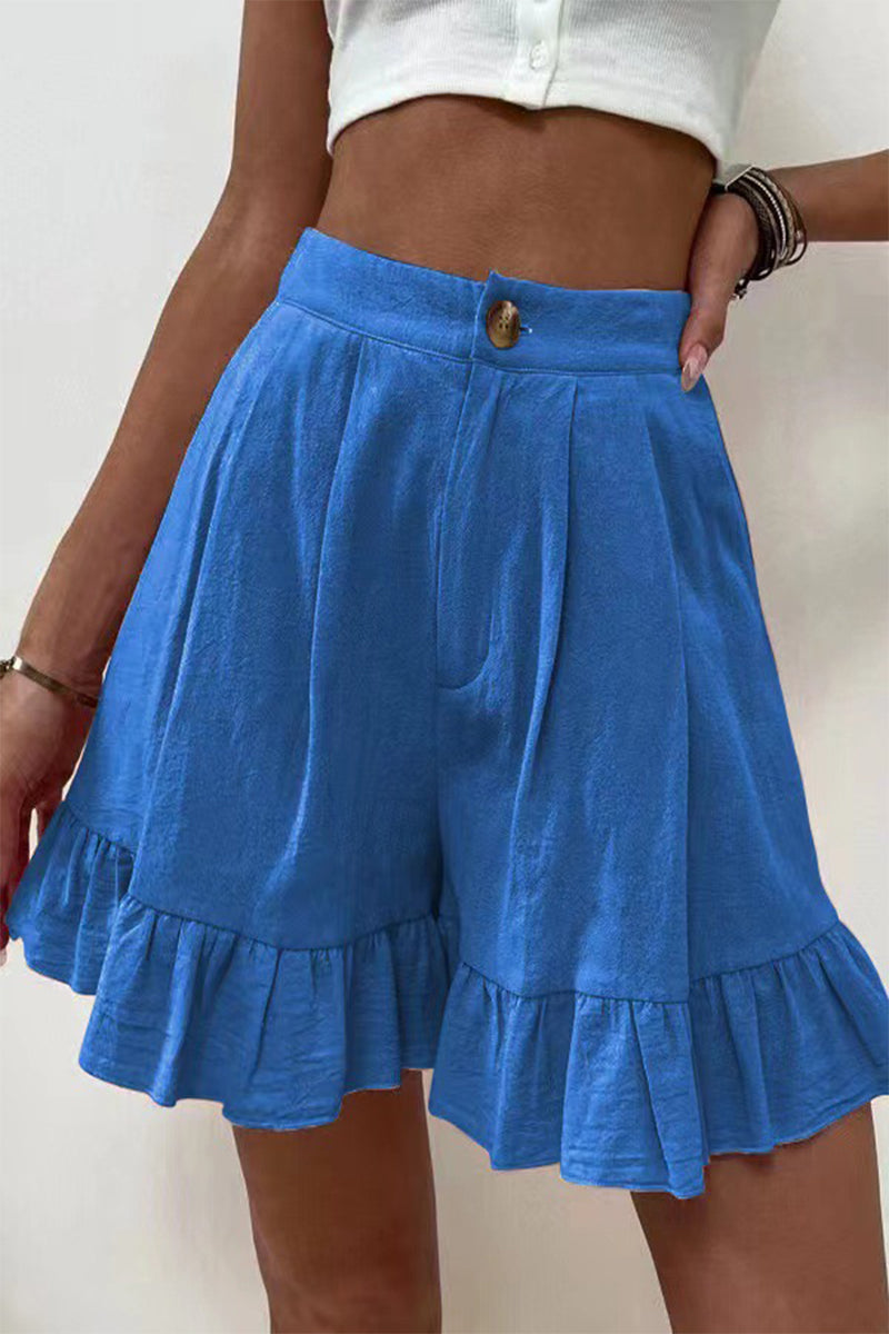 Casual Solid Flounce Loose High Waist Wide Leg Solid Color Bottoms Blue