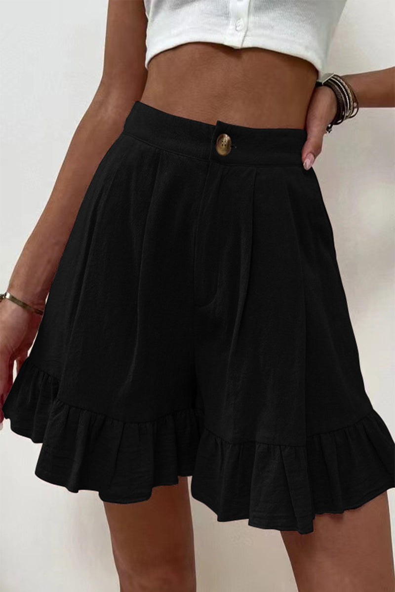 Casual Solid Flounce Loose High Waist Wide Leg Solid Color Bottoms Black