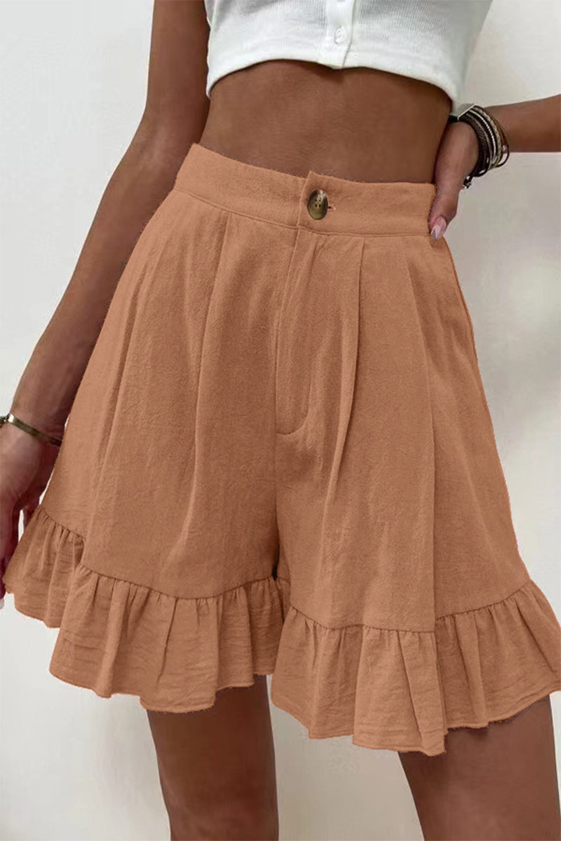 Casual Solid Flounce Loose High Waist Wide Leg Solid Color Bottoms Khaki