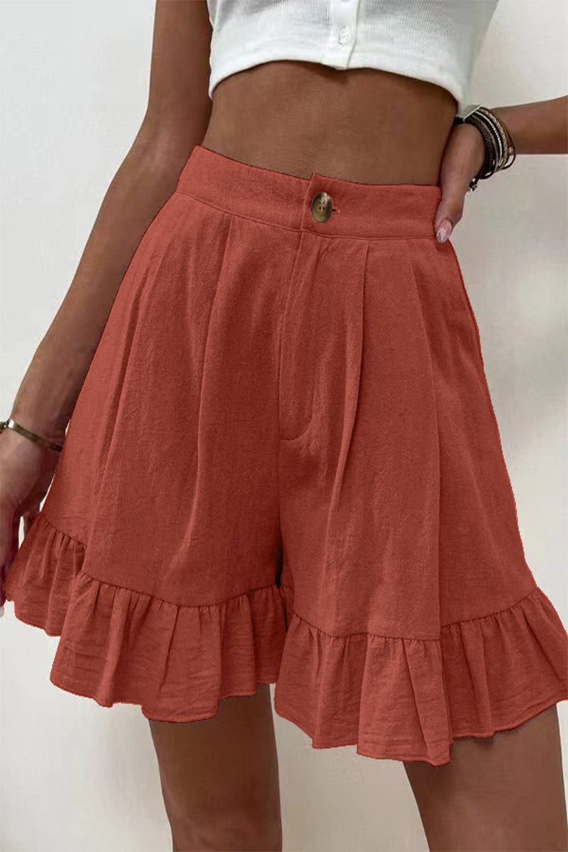 Casual Solid Flounce Loose High Waist Wide Leg Solid Color Bottoms Brick Red