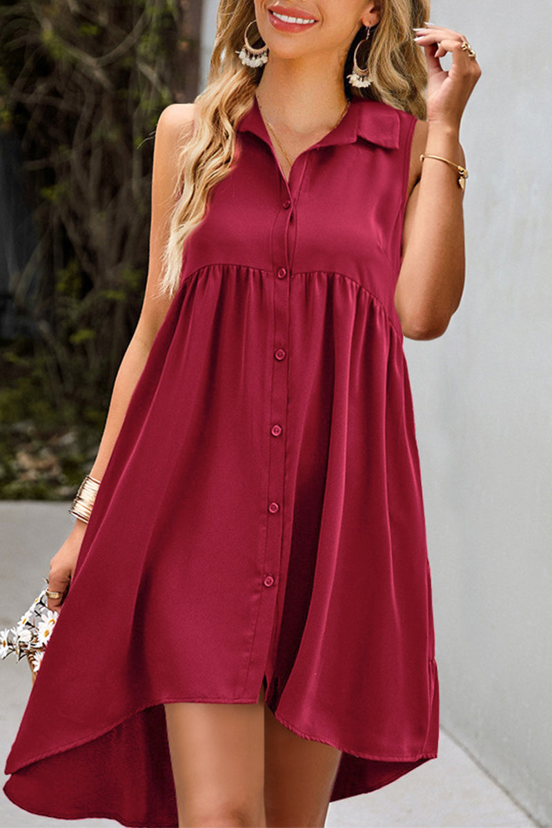 Casual Daily Solid Buckle Turndown Collar A Line Dresses Burgundy