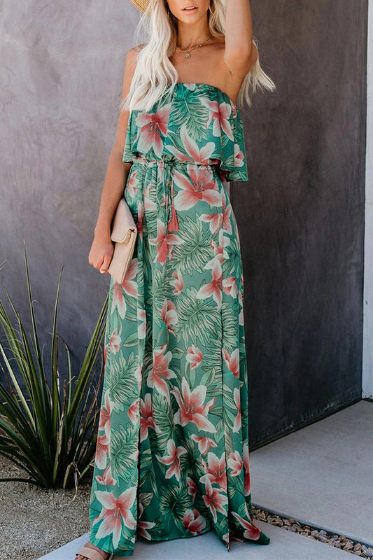 Sexy Vacation Floral Patchwork Strapless Irregular Dress Dresses Green