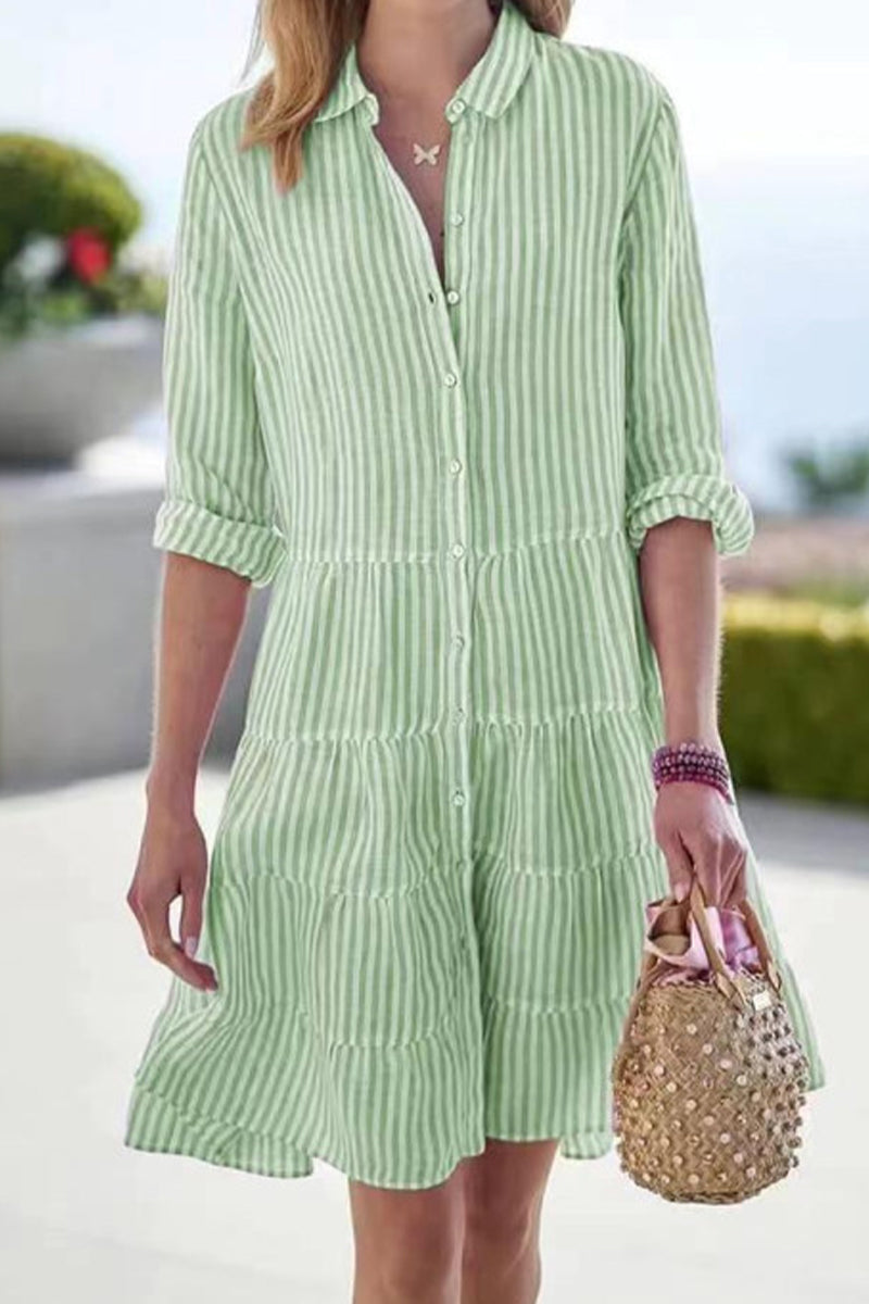 Street Elegant Geometric Draw String Turndown Collar Shirt Dress Dresses Green