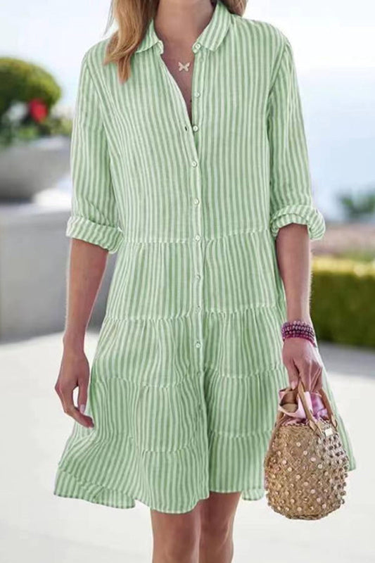 Street Elegant Geometric Draw String Turndown Collar Shirt Dress Dresses Green