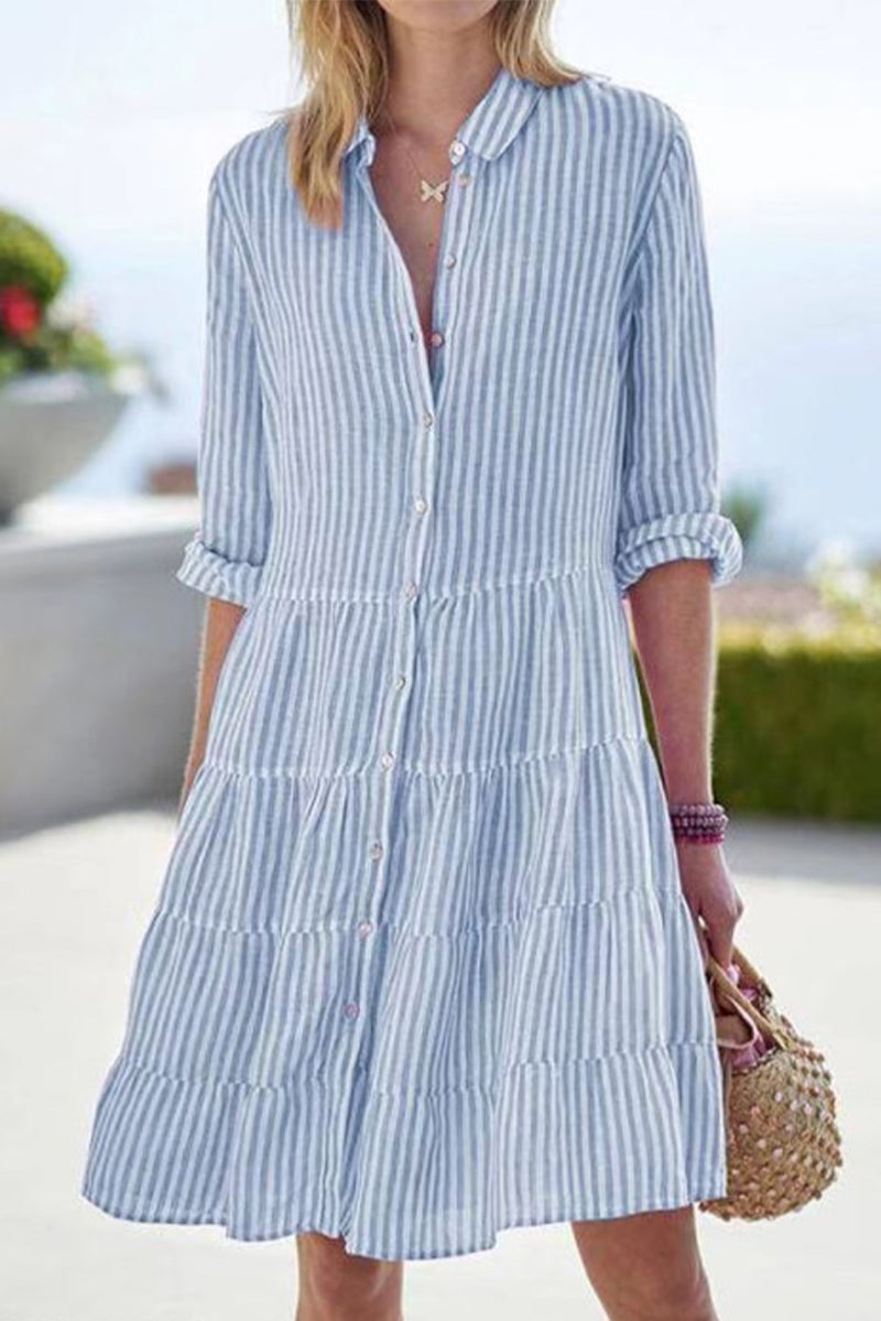 Street Elegant Geometric Draw String Turndown Collar Shirt Dress Dresses Blue