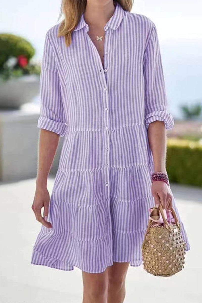 Street Elegant Geometric Draw String Turndown Collar Shirt Dress Dresses Purple