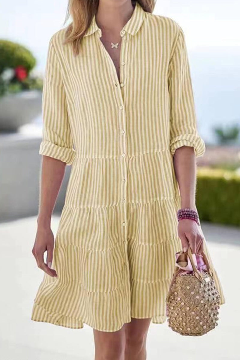 Street Elegant Geometric Draw String Turndown Collar Shirt Dress Dresses Yellow