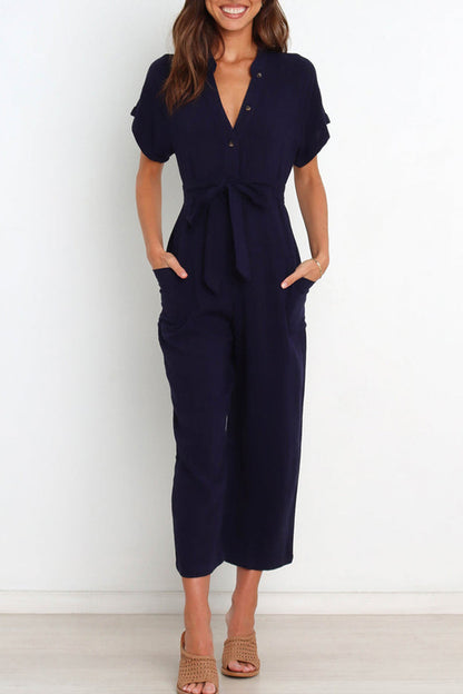 Casual Simplicity Solid Pocket Frenulum V Neck Regular Jumpsuits(3 Colors) Dark Blue