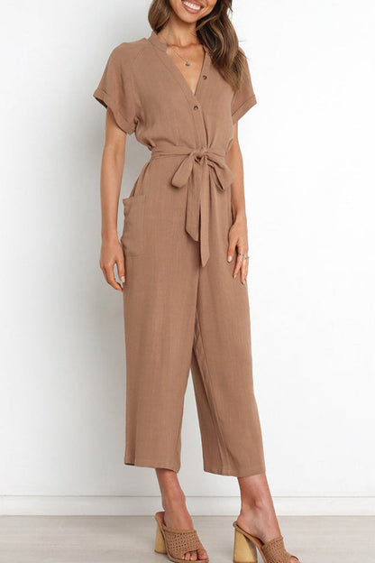 Casual Simplicity Solid Pocket Frenulum V Neck Regular Jumpsuits(3 Colors) Khaki