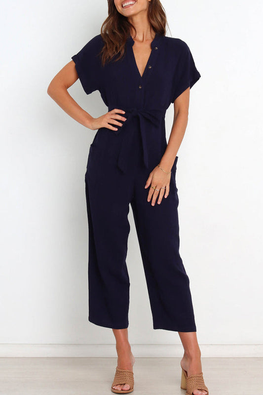 Casual Simplicity Solid Pocket Frenulum V Neck Regular Jumpsuits(3 Colors)