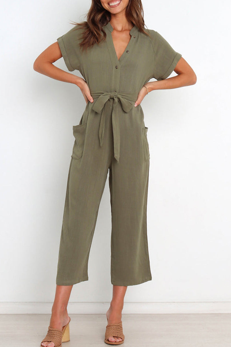 Casual Simplicity Solid Pocket Frenulum V Neck Regular Jumpsuits(3 Colors) Army Green