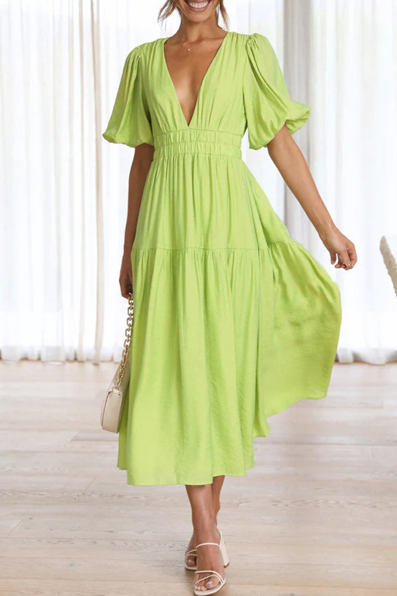 Sweet Elegant Solid Fold V Neck A Line Dresses Yellow