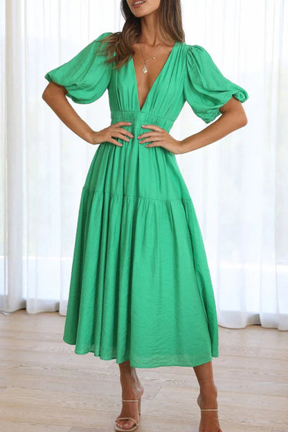 Sweet Elegant Solid Fold V Neck A Line Dresses Green