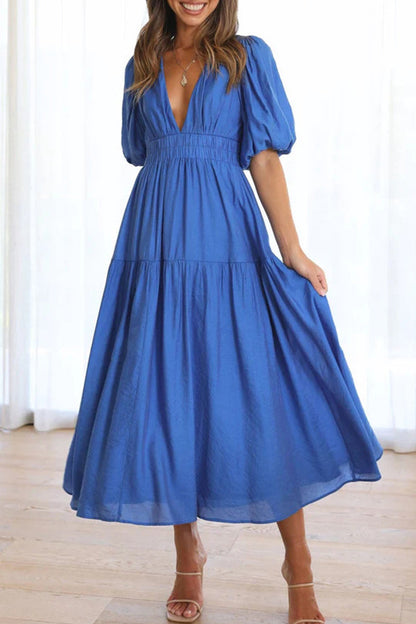 Sweet Elegant Solid Fold V Neck A Line Dresses Blue