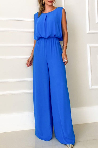 Casual Street Solid Solid Color O Neck Loose Jumpsuits Blue