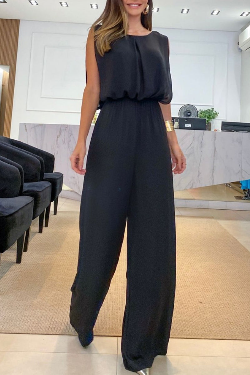 Casual Street Solid Solid Color O Neck Loose Jumpsuits Black