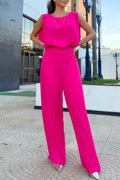 Casual Street Solid Solid Color O Neck Loose Jumpsuits Rose Red