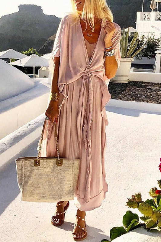 Casual Vacation Solid Frenulum V Neck A Line Dresses Pink