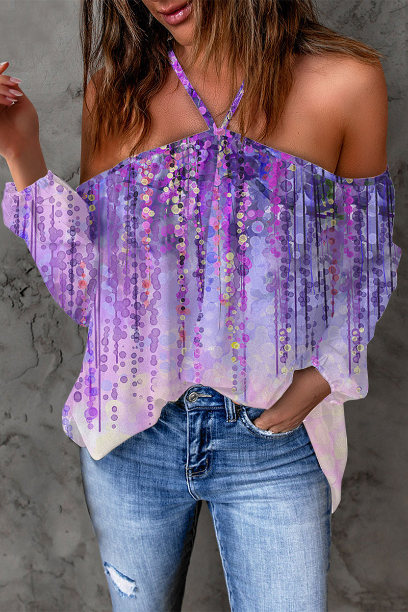 Casual Print Patchwork Backless Halter T-Shirts(15 Colors) Purple