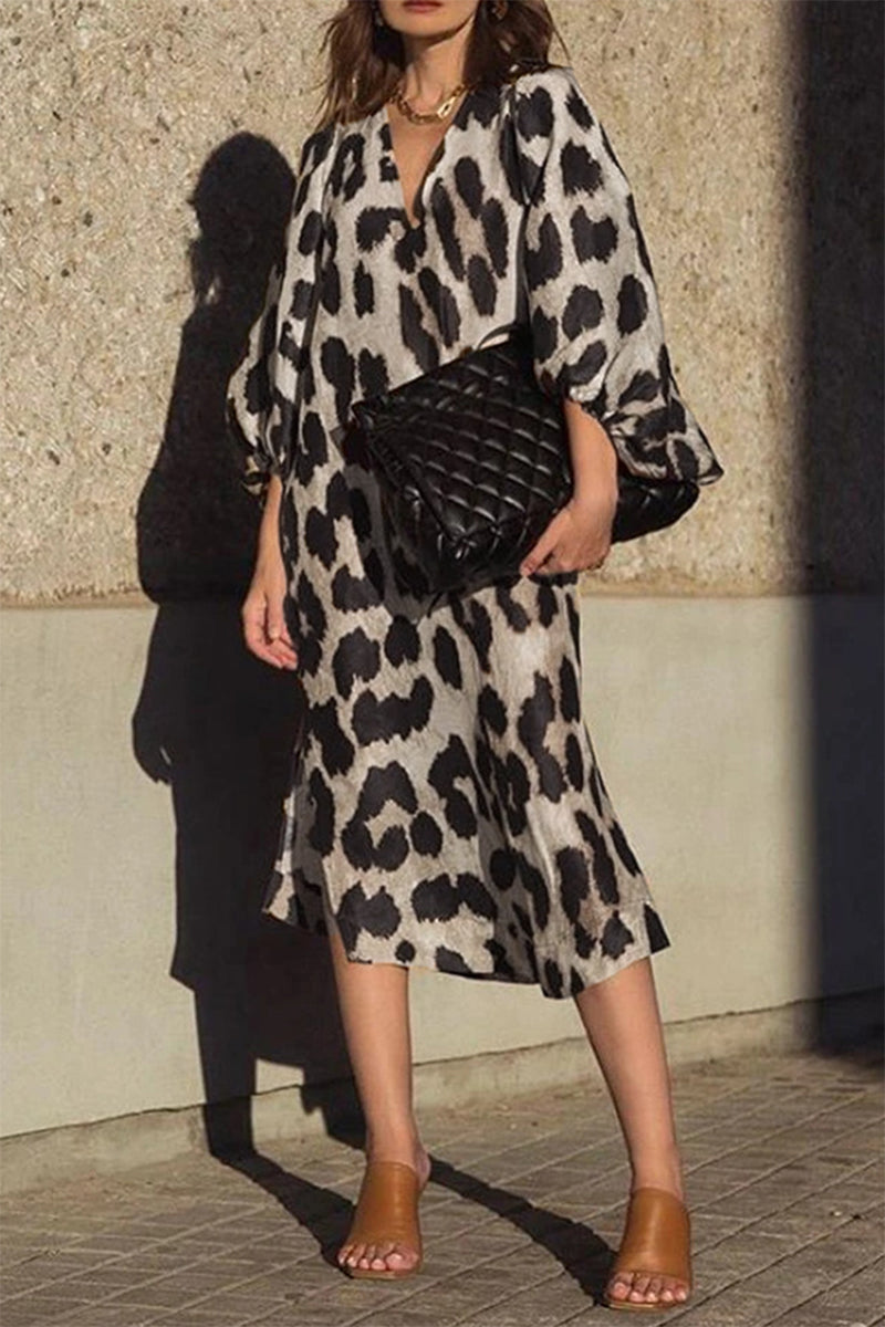 Fashion Elegant Leopard Patchwork Slit V Neck Dresses Leopard Print