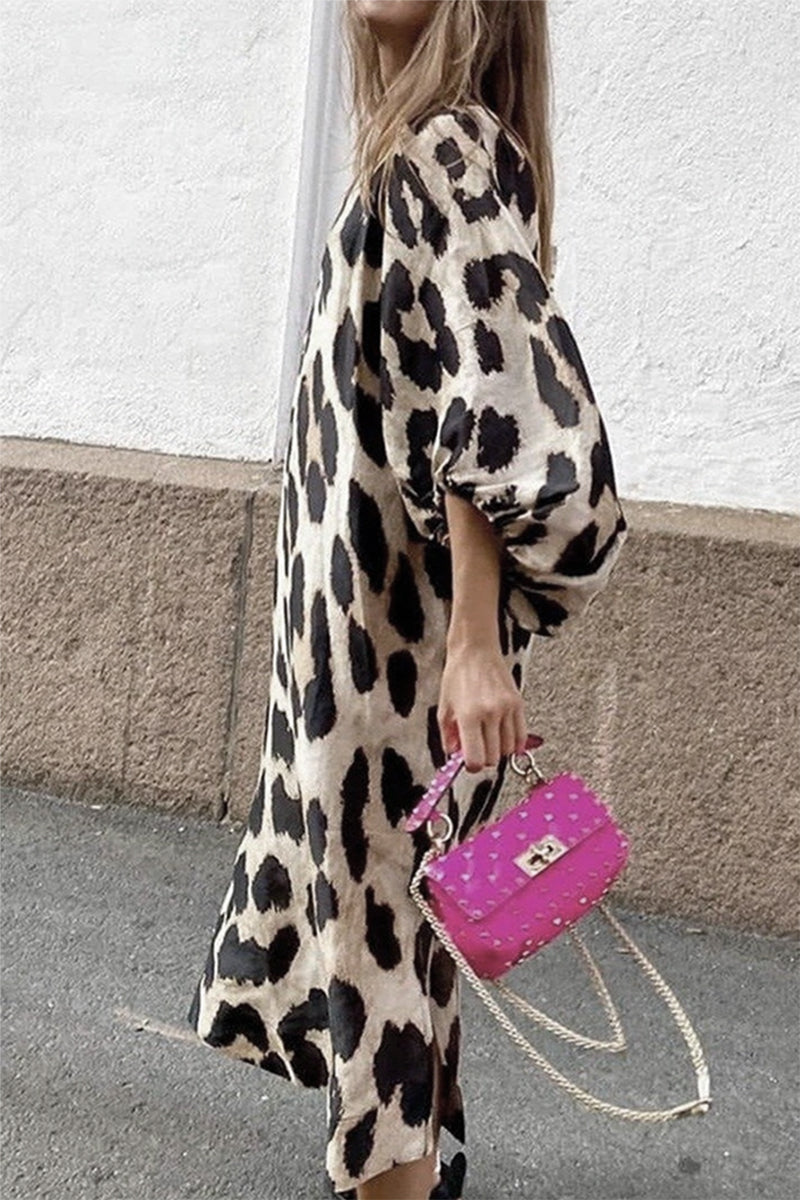 Fashion Elegant Leopard Patchwork Slit V Neck Dresses