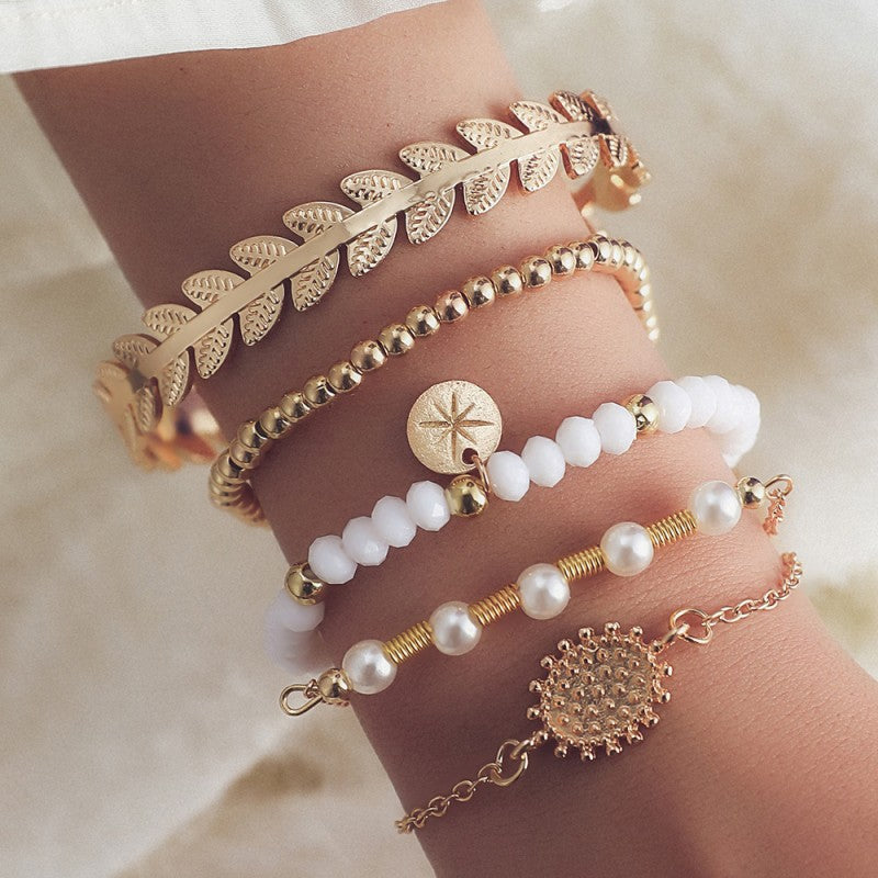 Daily Vintage Solid Pearl Bracelets Five Piece Set Gold One Size