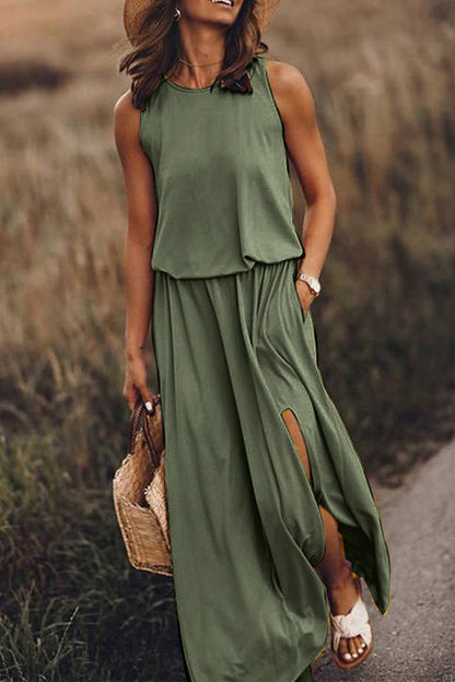 Fashion Casual Solid Patchwork Slit O Neck Waist Skirt Dresses(8 Colors) Army Green