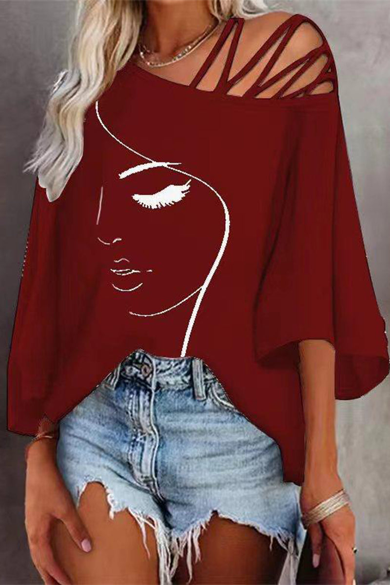 Casual Print Patchwork Oblique Collar T-Shirts(5 Colors) Burgundy