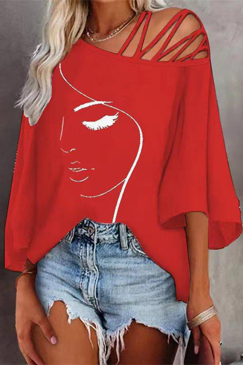 Casual Print Patchwork Oblique Collar T-Shirts(5 Colors) Tangerine Red