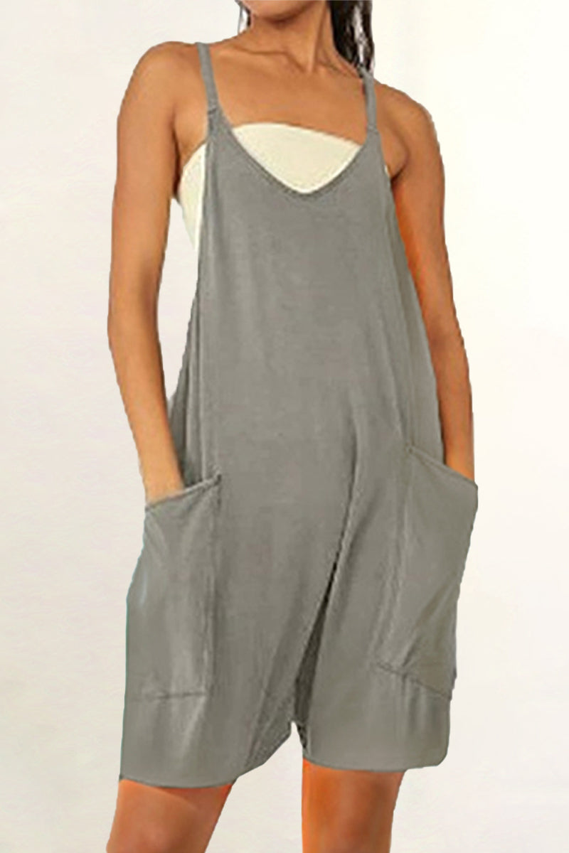 Casual Daily Solid Pocket V Neck Loose Jumpsuits(8 Colors) Dark Gray