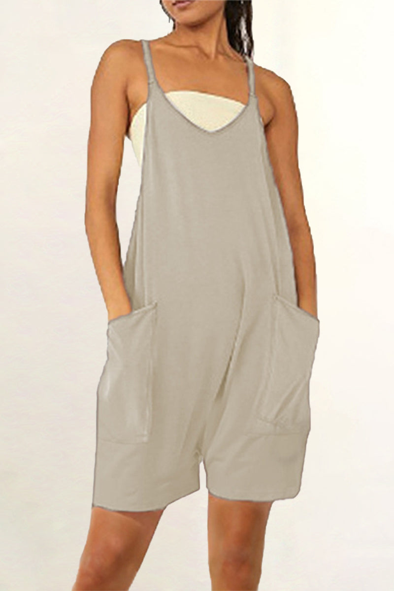 Casual Daily Solid Pocket V Neck Loose Jumpsuits(8 Colors) Apricot Grey