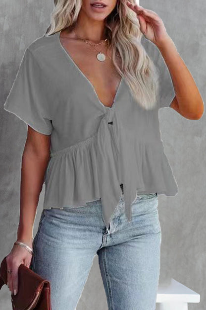 Sexy Daily Solid Bandage POLO Collar Blouses(5 Colors) Grey