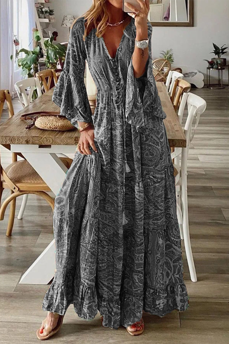 College Vacation Floral Patchwork V Neck A Line Dresses(6 Colors) Grey