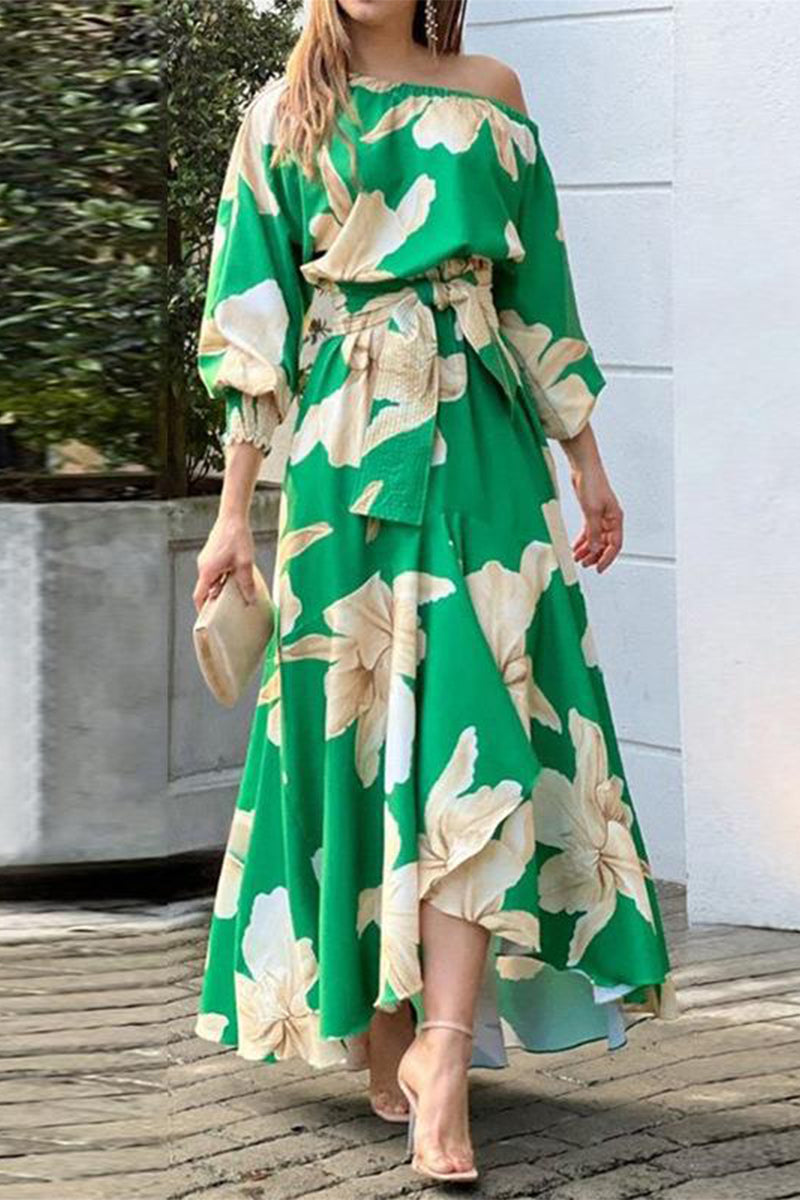 Elegant Floral Patchwork With Bow Oblique Collar Irregular Dress Dresses Green