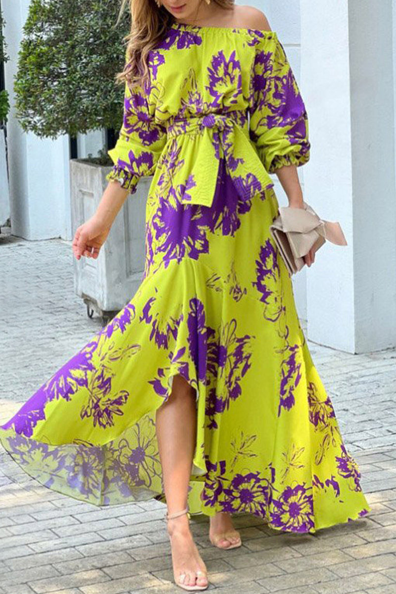 Elegant Floral Patchwork With Bow Oblique Collar Irregular Dress Dresses Yellow