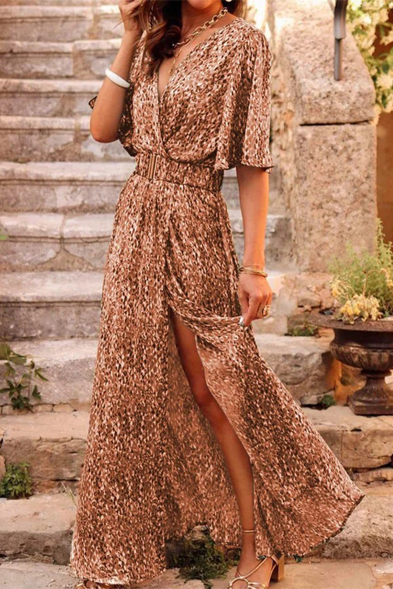 Bohemian College Floral Patchwork With Belt V Neck Waist Skirt Dresses(5 Colors) Camel