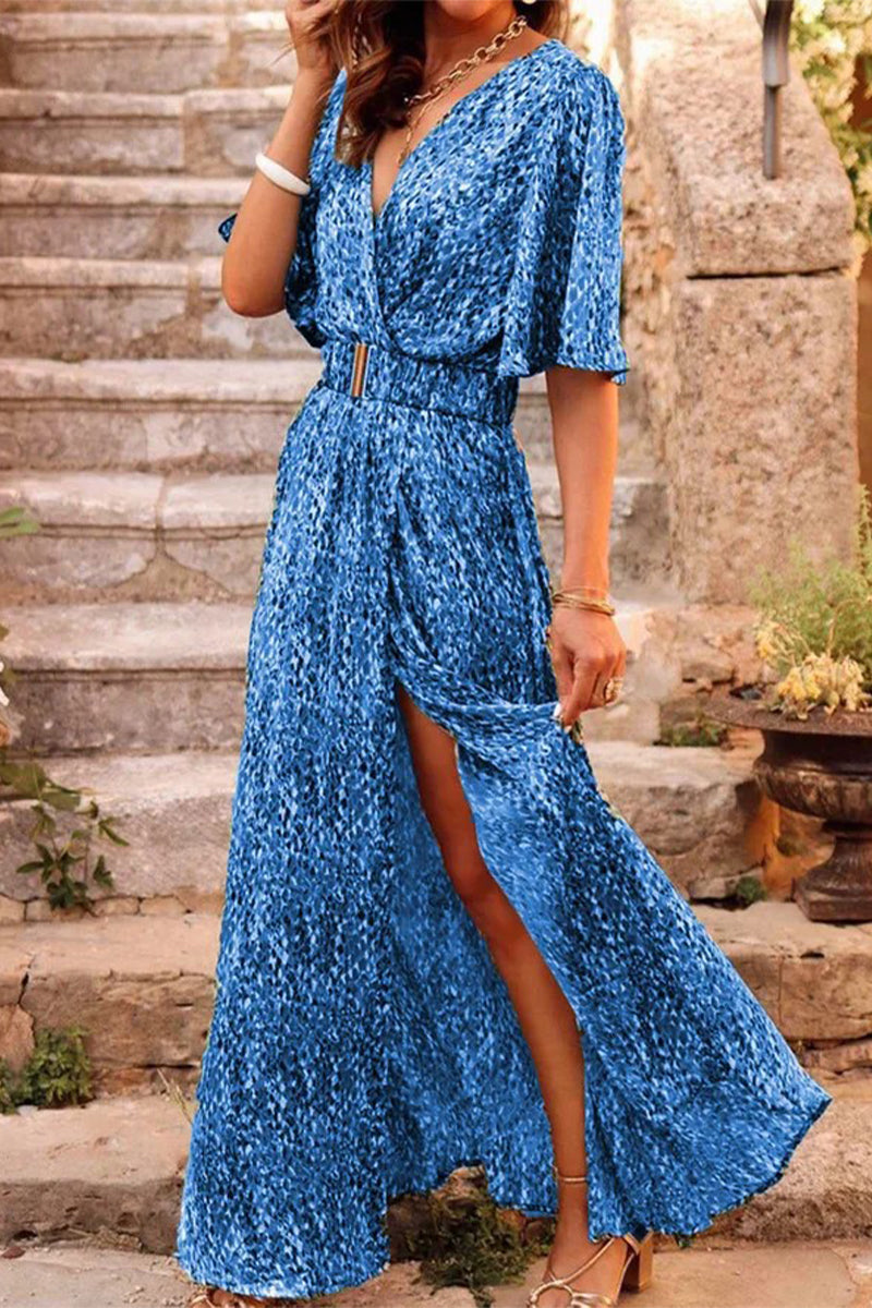 Bohemian College Floral Patchwork With Belt V Neck Waist Skirt Dresses(5 Colors) Blue