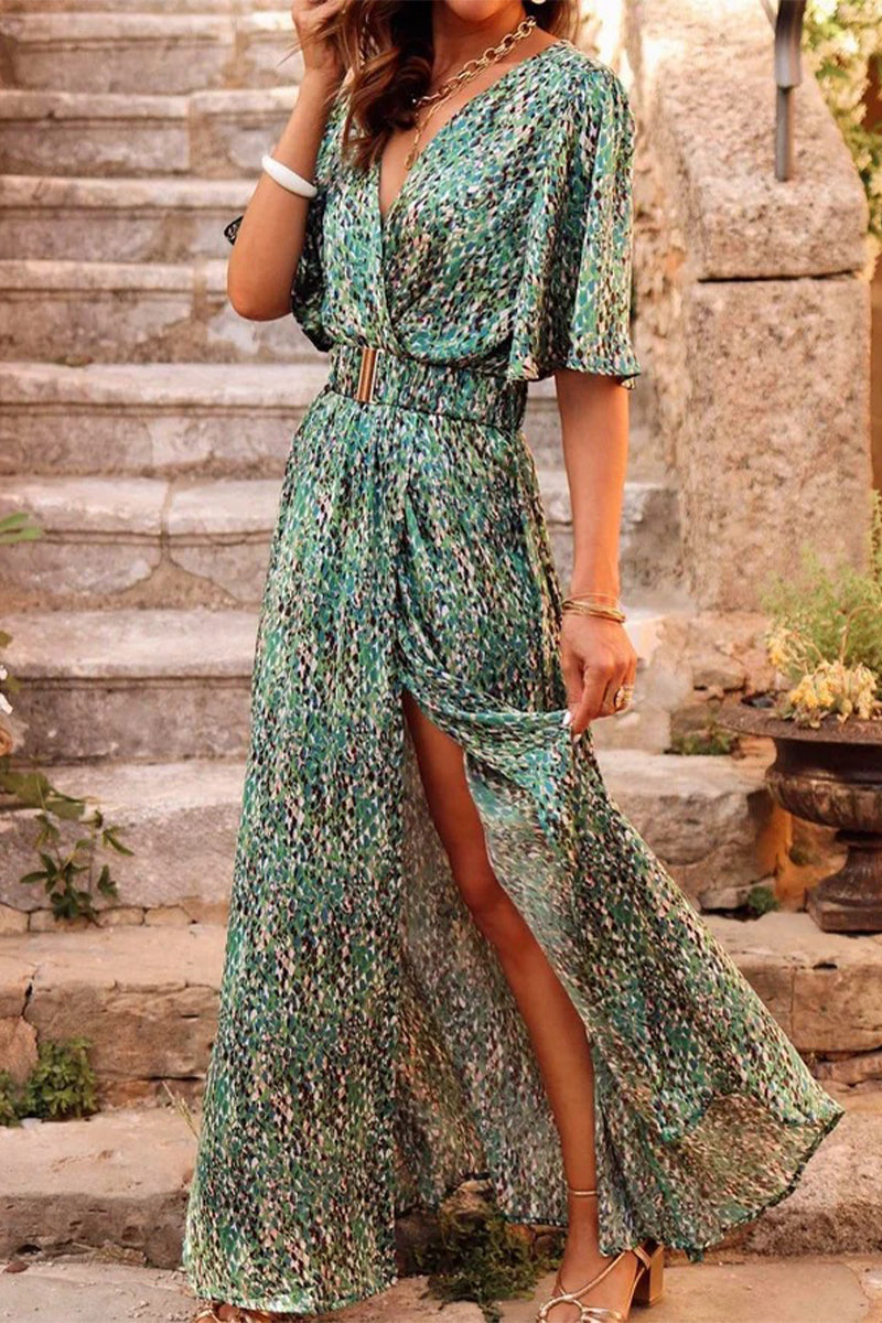 Bohemian College Floral Patchwork With Belt V Neck Waist Skirt Dresses(5 Colors) Green